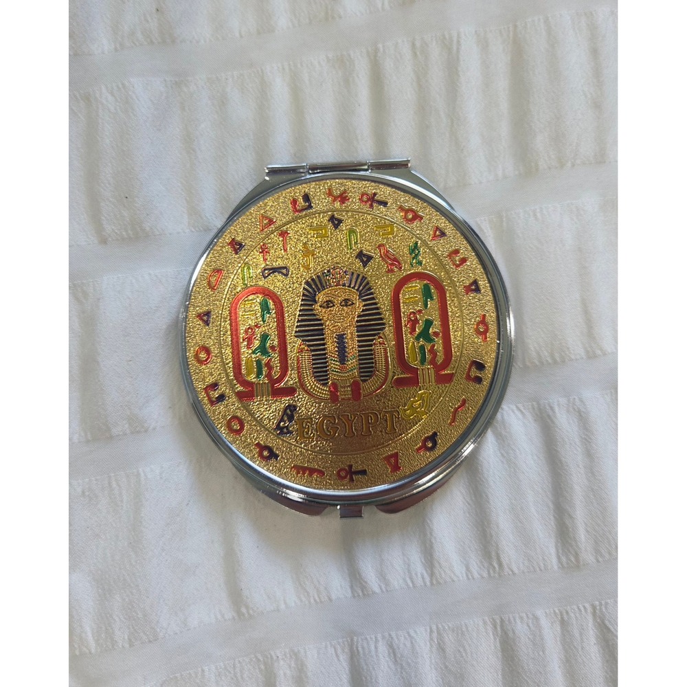 Egyptian Metal Gold Plated Handheld Makeup Mirror King Tut Design Round 2.75in